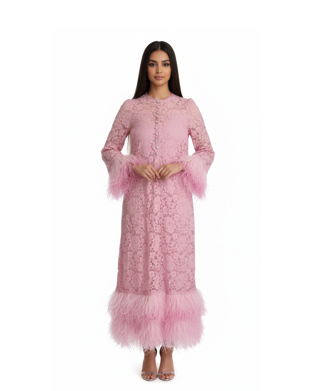 DOLCE & GABBANA Shift Pink Feather Long Sleeve Gown