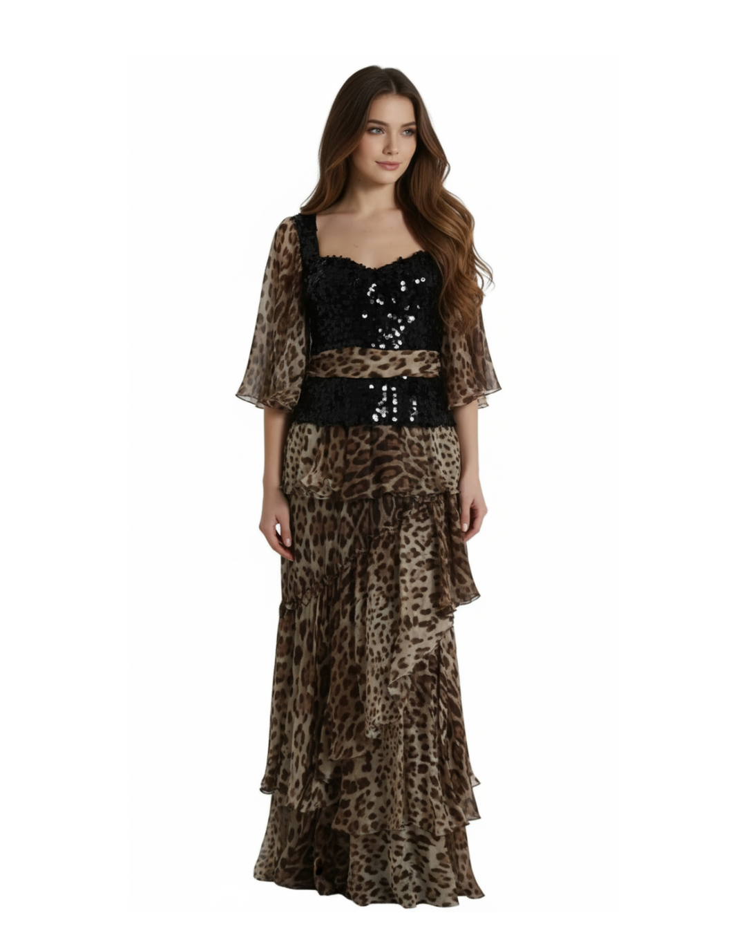 DOLCE & GABBANA Leopard Print Silk Sequin Ruffle Maxi Dress