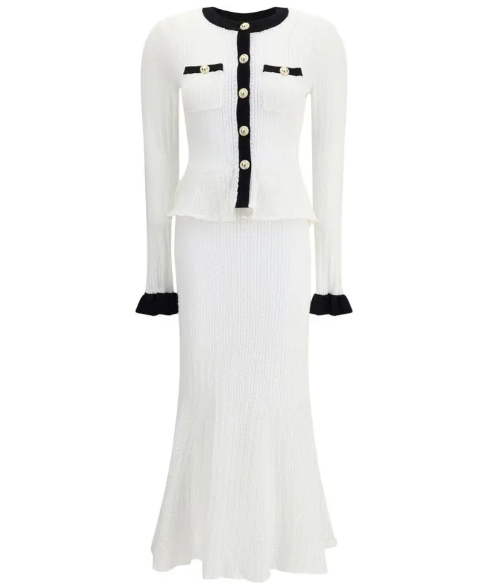 SELF-PORTRAIT White Pointelle Knit Contrast Midi Dress
