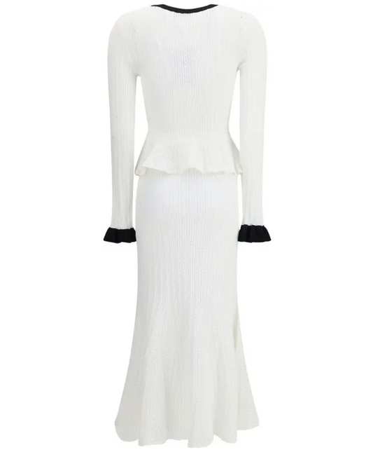 SELF-PORTRAIT White Pointelle Knit Contrast Midi Dress