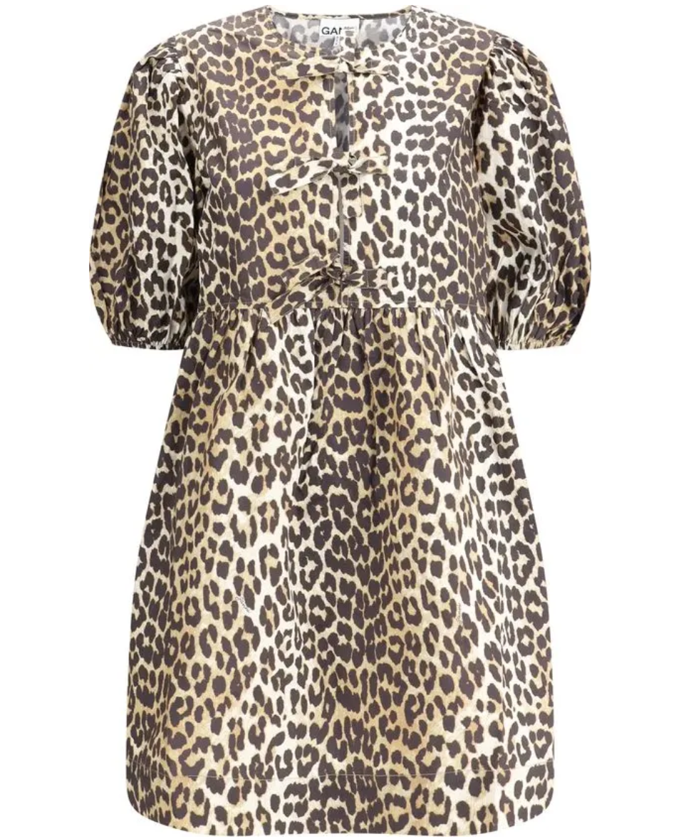 GANNI Leopard Printed Cotton Tie String Mini Dress
