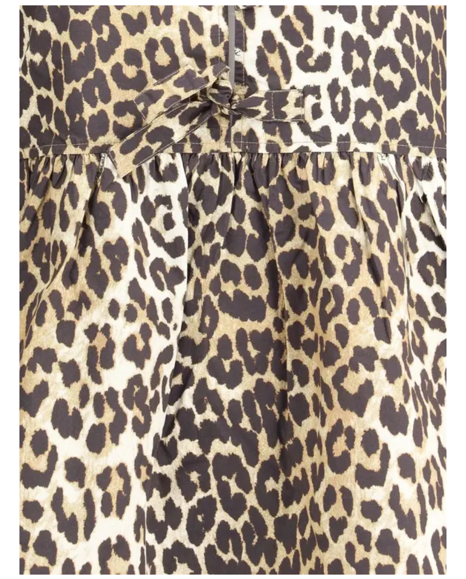 GANNI Leopard Printed Cotton Tie String Mini Dress