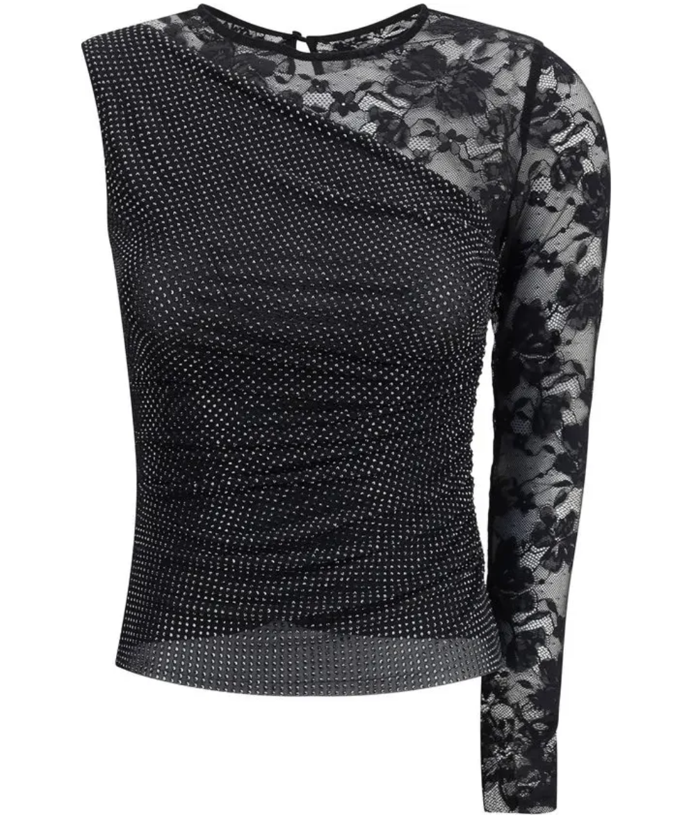SELF-PORTRAIT Rhinestone-Lace One-Shoulder Top