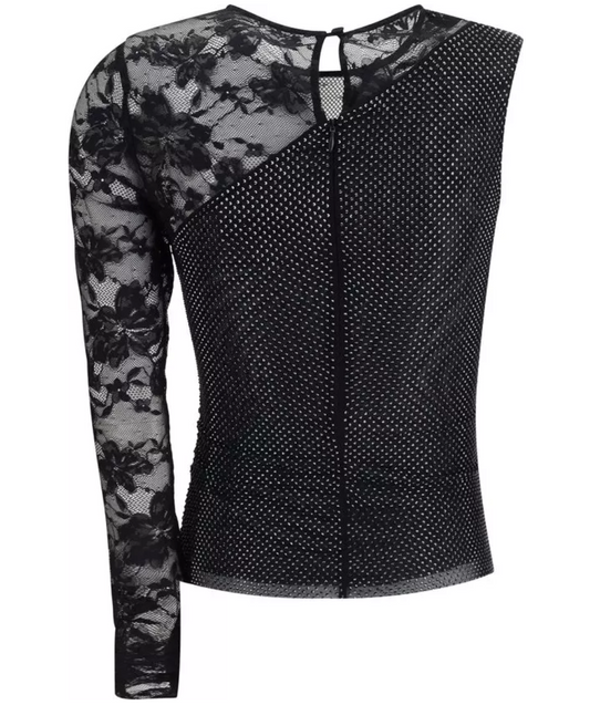 SELF-PORTRAIT Rhinestone-Lace One-Shoulder Top