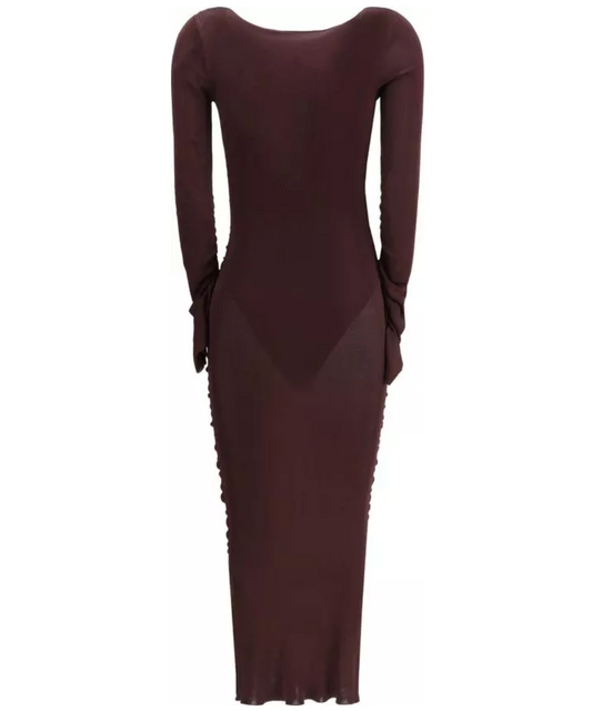 SELF-PORTRAIT Brown Gathered Viscose Knit Midi Dress