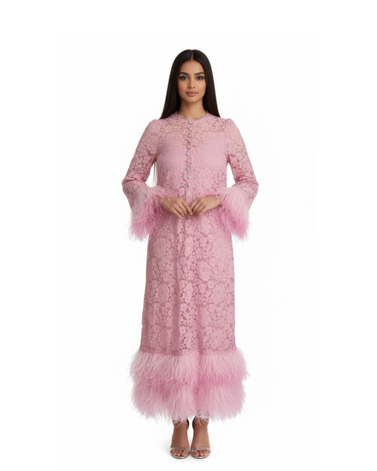 DOLCE & GABBANA Shift Pink Feather Long Sleeve Gown