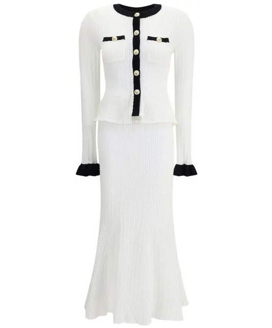 SELF-PORTRAIT White Pointelle Knit Contrast Midi Dress