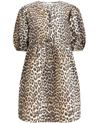 GANNI Leopard Printed Cotton Tie String Mini Dress