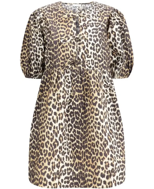 GANNI Leopard Printed Cotton Tie String Mini Dress