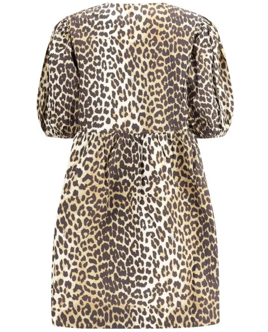 GANNI Leopard Printed Cotton Tie String Mini Dress