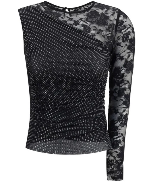 SELF-PORTRAIT Rhinestone-Lace One-Shoulder Top