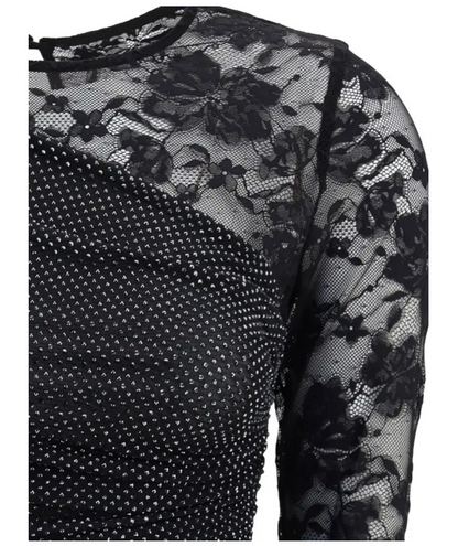 SELF-PORTRAIT Rhinestone-Lace One-Shoulder Top