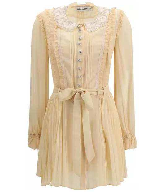SELF-PORTRAIT Tan Pleated Georgette Mini Dress