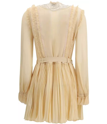 SELF-PORTRAIT Tan Pleated Georgette Mini Dress