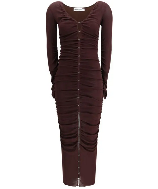 SELF-PORTRAIT Brown Gathered Viscose Knit Midi Dress