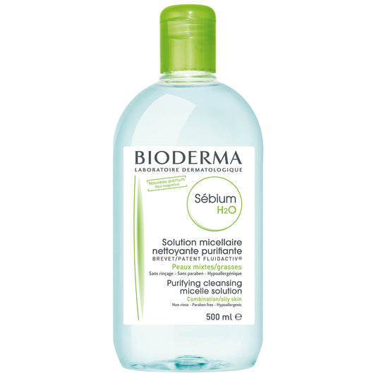 BIODERMA Sebium H2O Purifying Cleansing Micellar Solution.